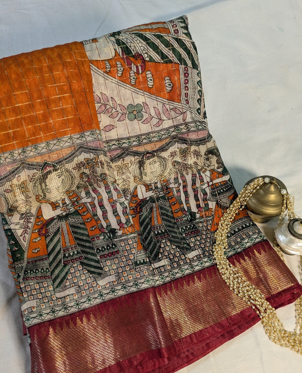 Bhagalpuri Sari with Block Print Border Orange