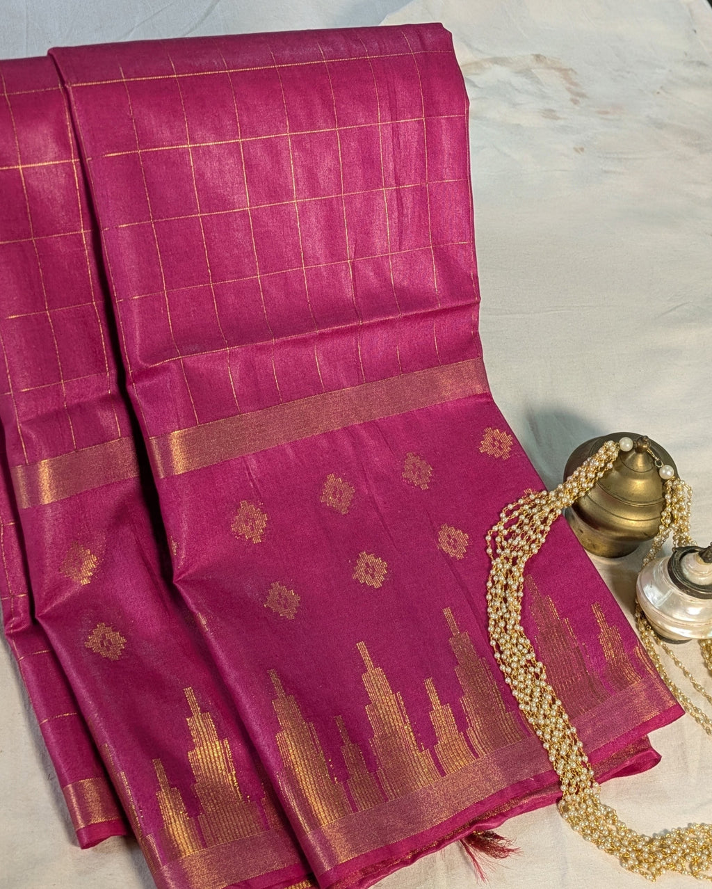 Bhagalpuri Sari with Golden Temple Border Hot Pink