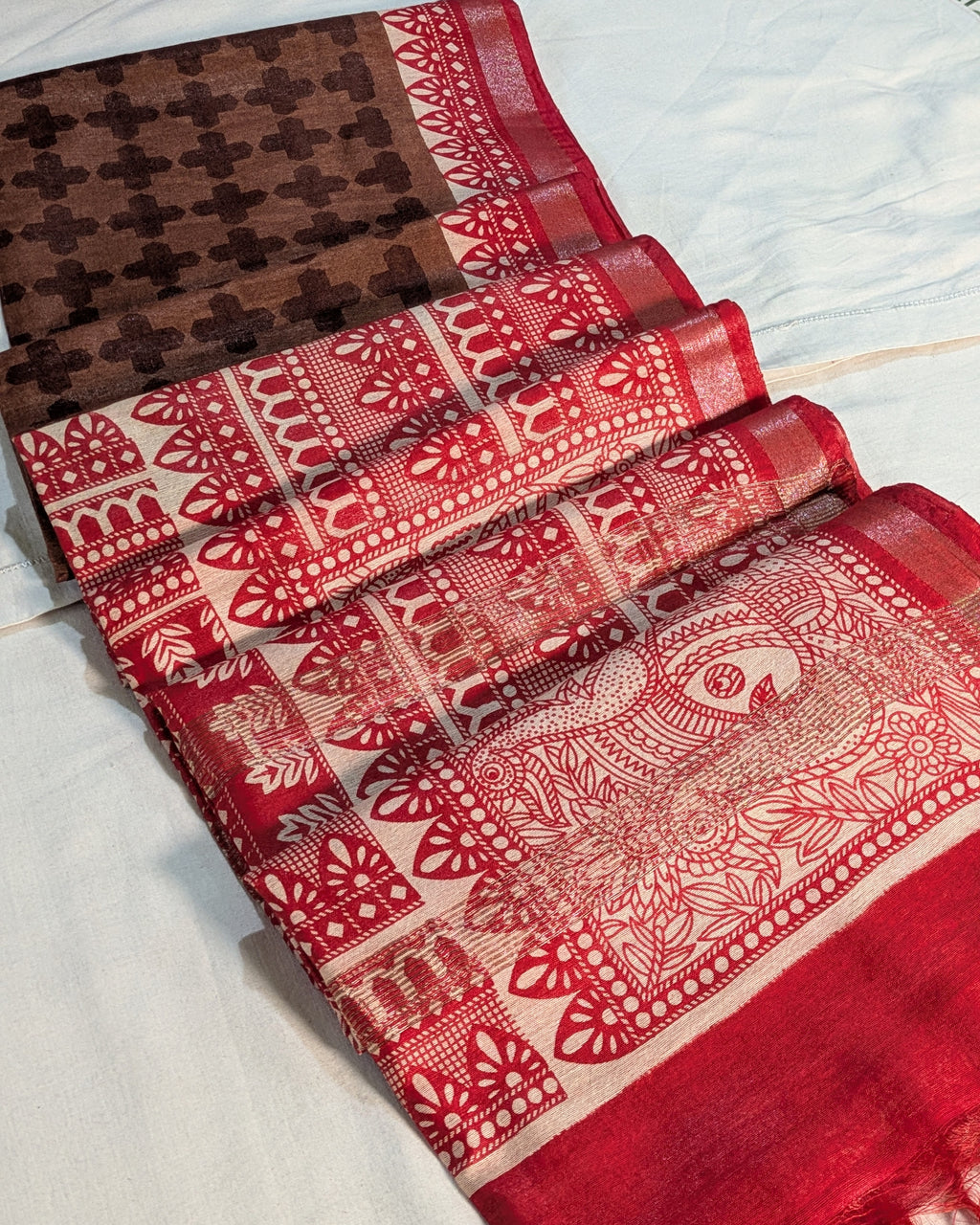 Bhagalpuri Sari with Block Print Border Rust Brown