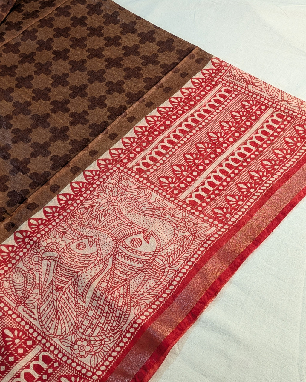 Bhagalpuri Sari with Block Print Border Rust Brown