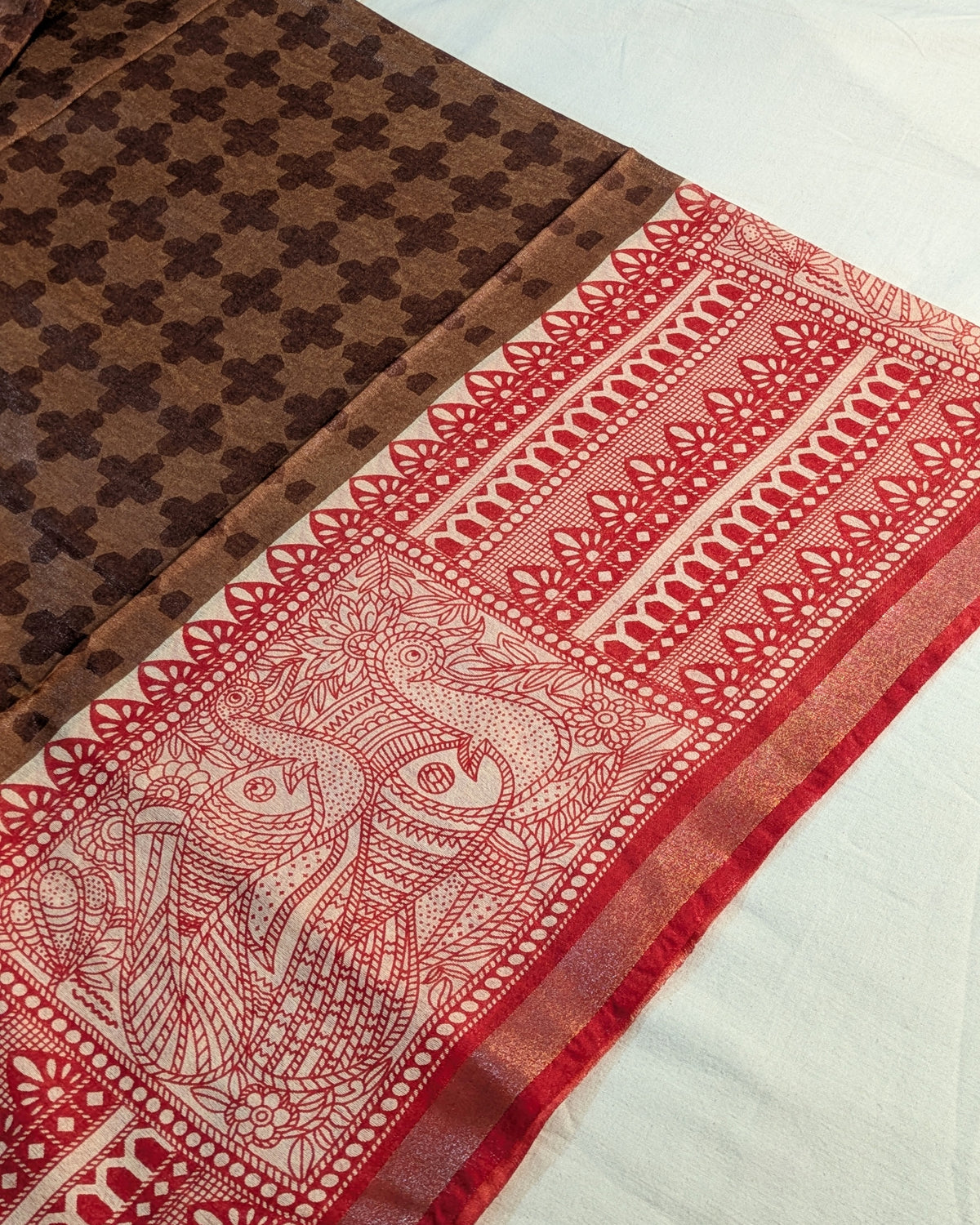 Bhagalpuri Sari with Block Print Border Rust Brown