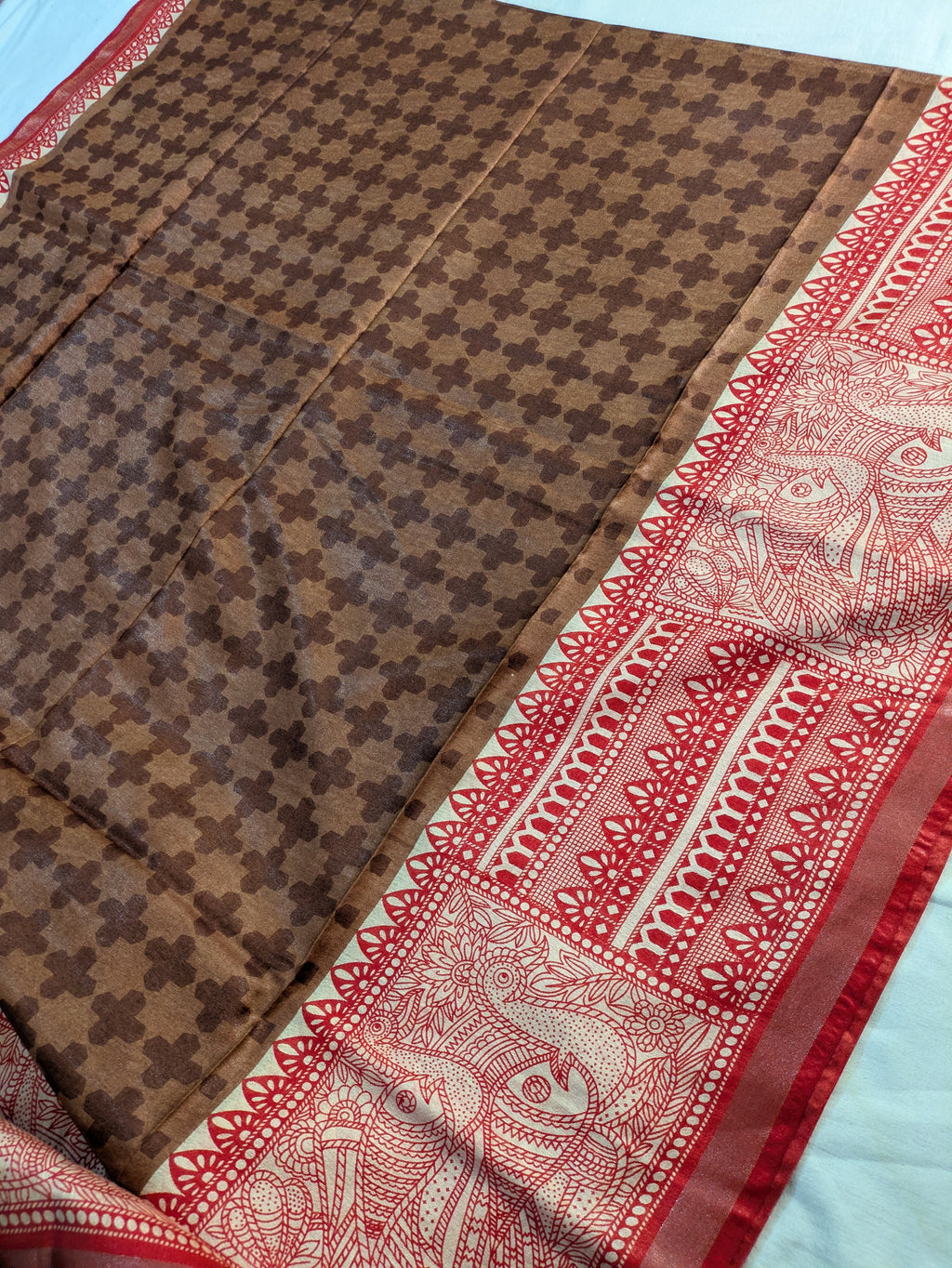 Bhagalpuri Sari with Block Print Border Rust Brown
