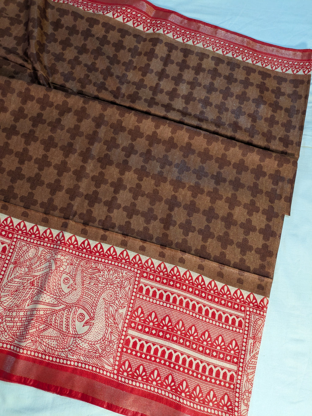 Bhagalpuri Sari with Block Print Border Rust Brown