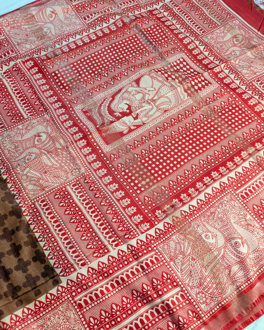 Bhagalpuri Sari with Block Print Border Rust Brown