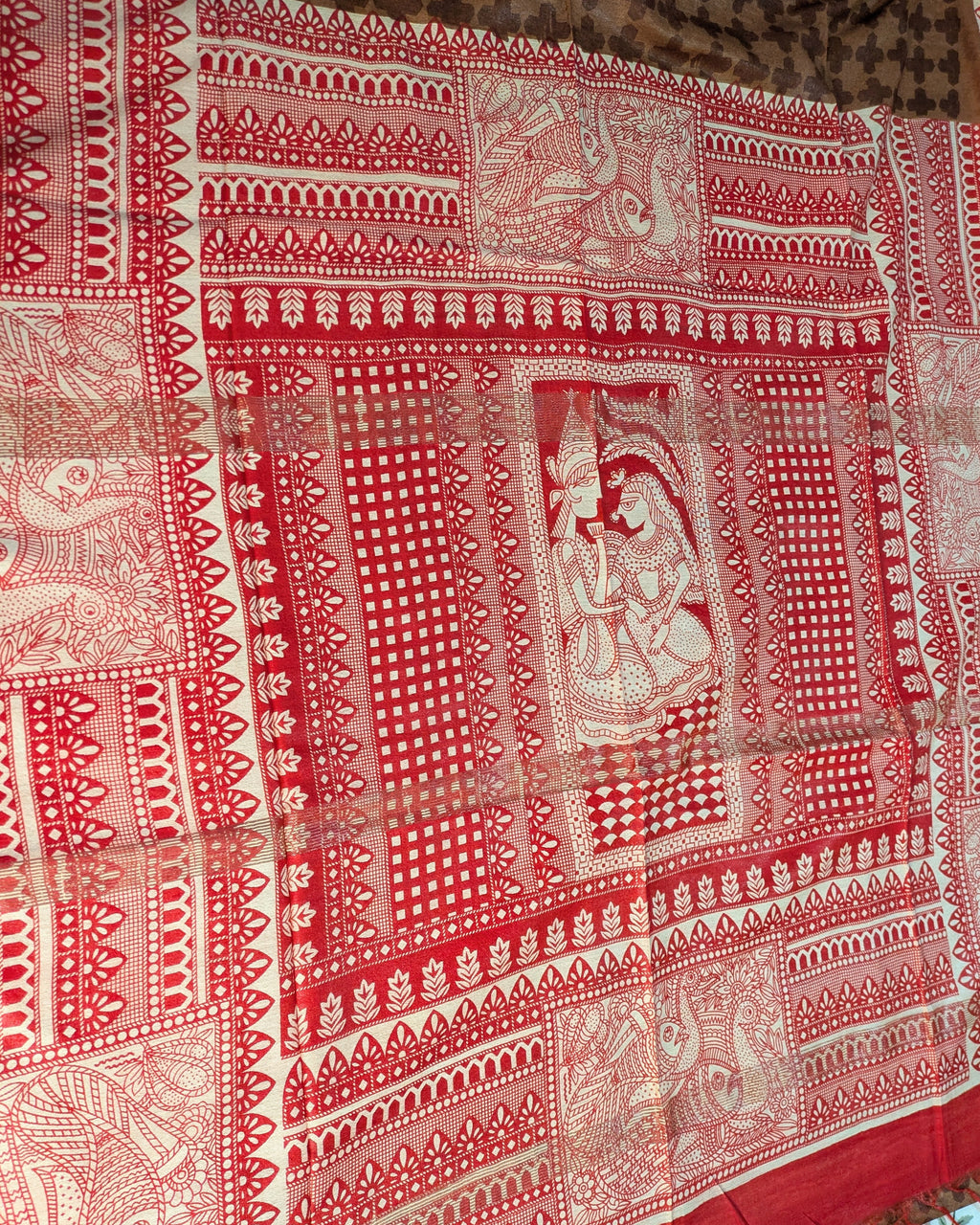 Bhagalpuri Sari with Block Print Border Rust Brown