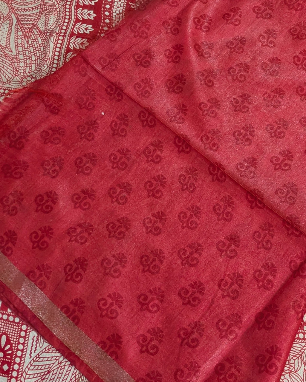 Bhagalpuri Sari with Block Print Border Rust Brown