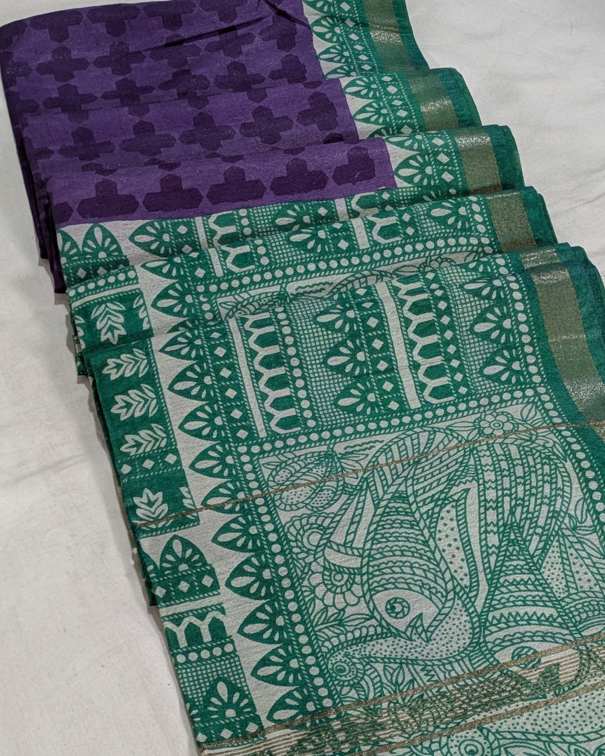 Bhagalpuri Sari with Block Print Border Purple