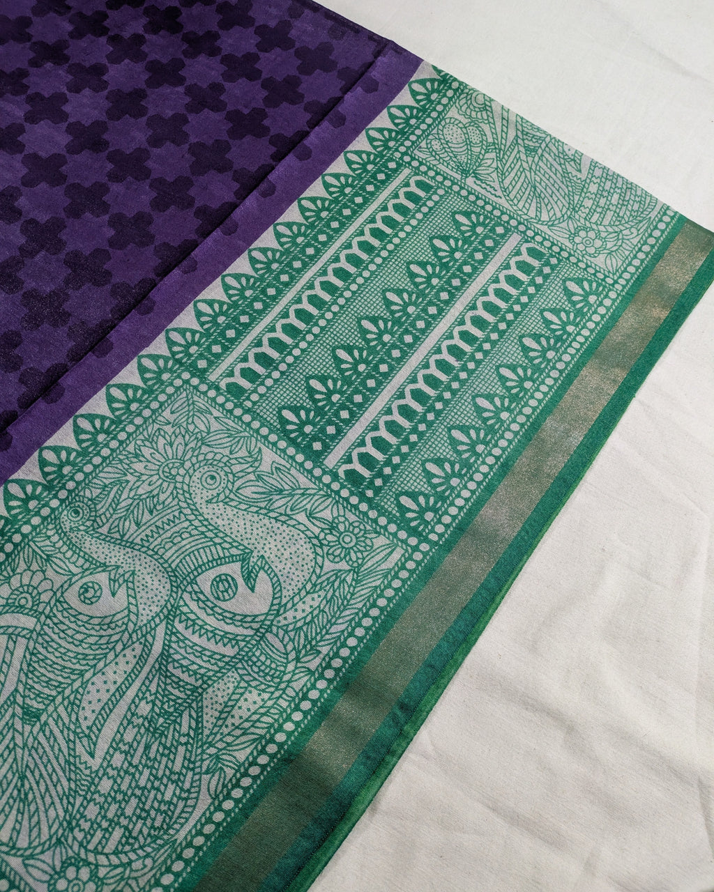 Bhagalpuri Sari with Block Print Border Purple