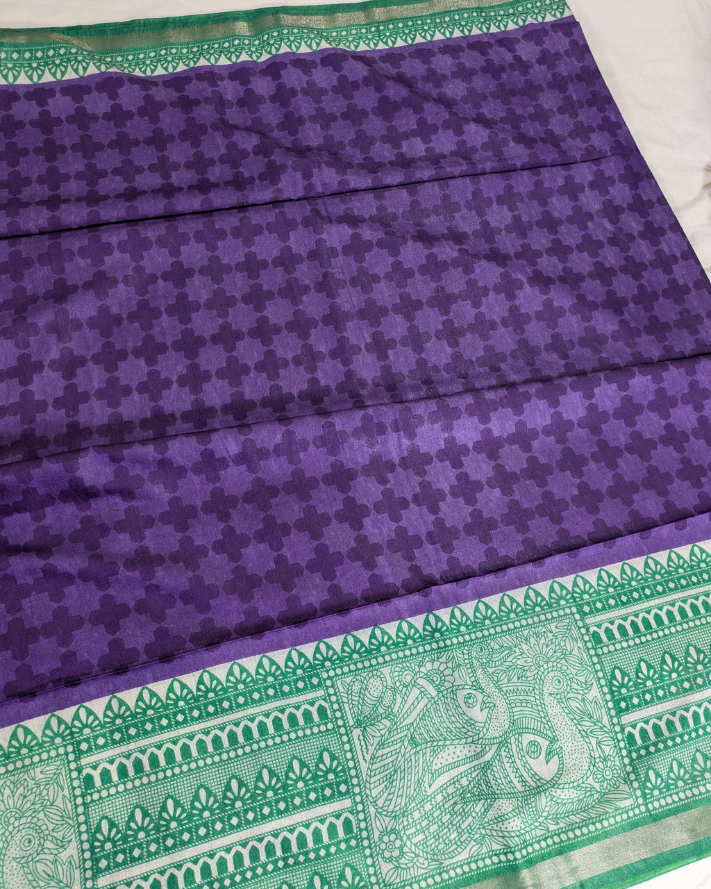 Bhagalpuri Sari with Block Print Border Purple