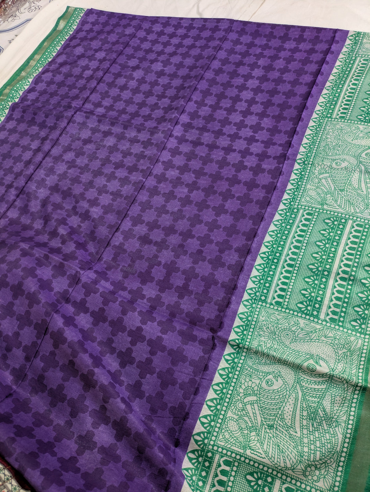 Bhagalpuri Sari with Block Print Border Purple