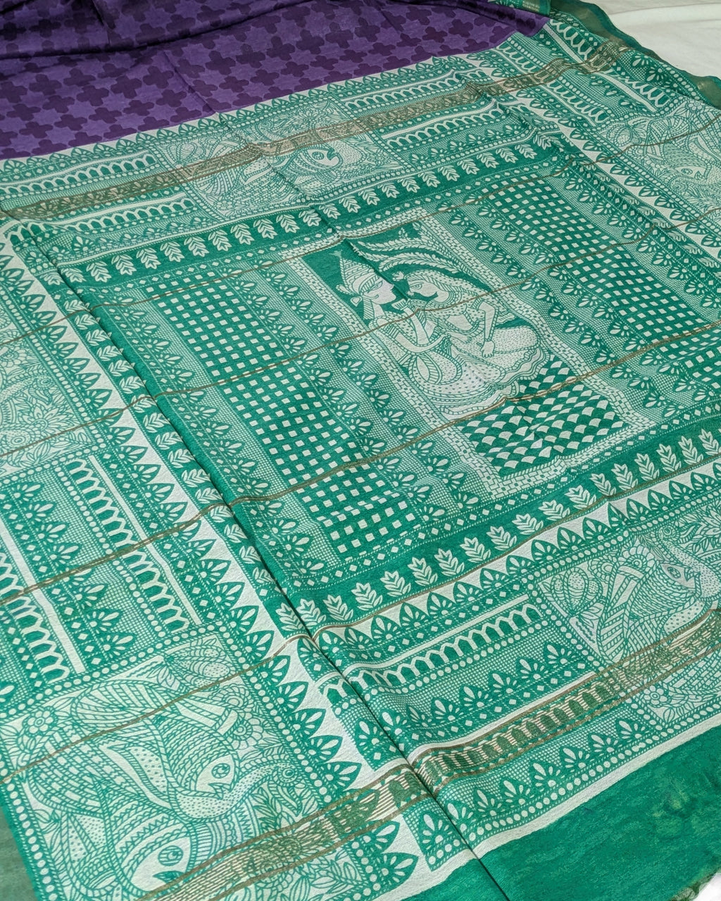 Bhagalpuri Sari with Block Print Border Purple