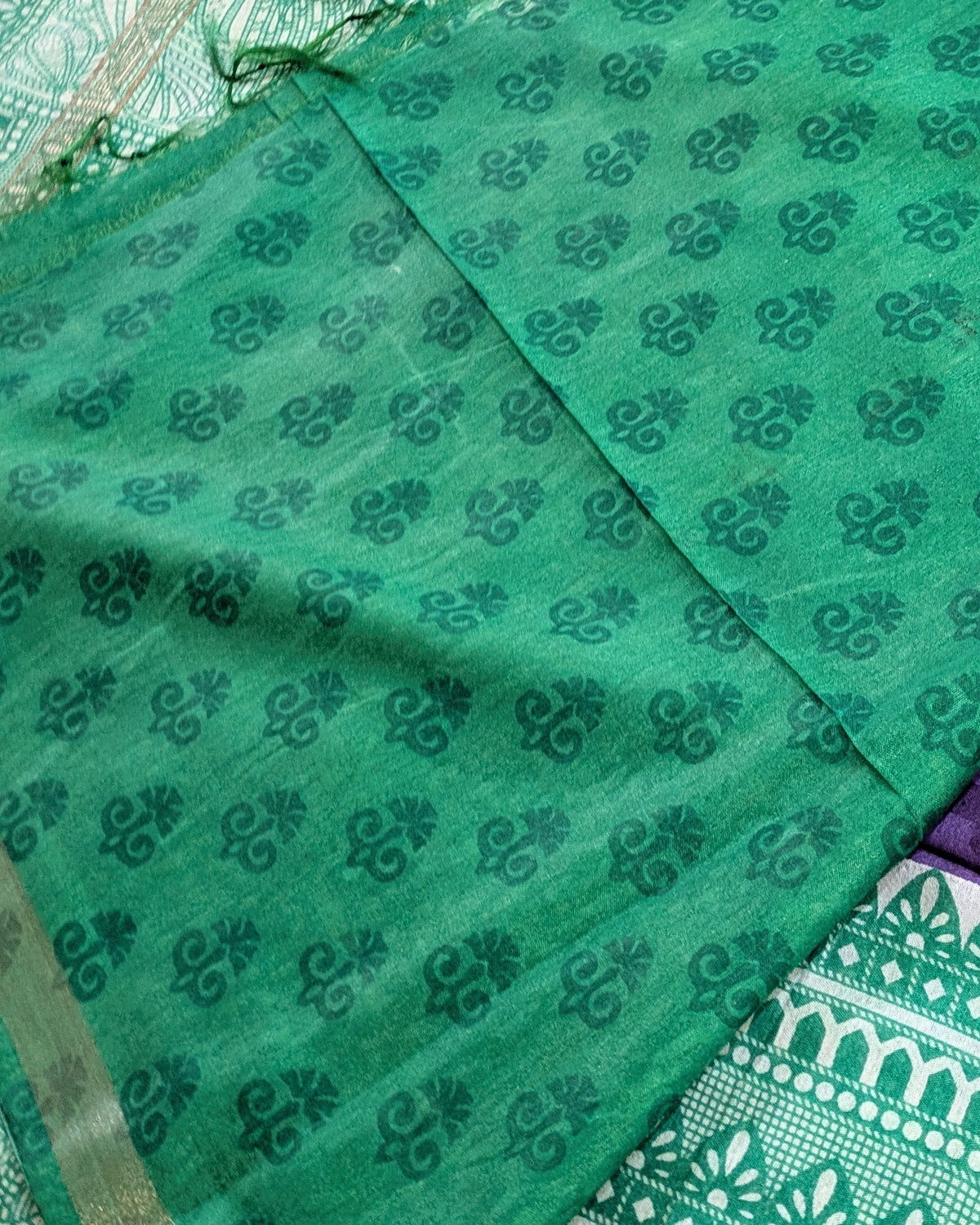 Bhagalpuri Sari with Block Print Border Purple