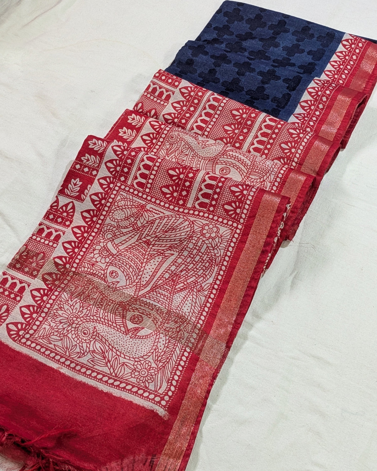 Bhagalpuri Sari with Block Print Border Blue