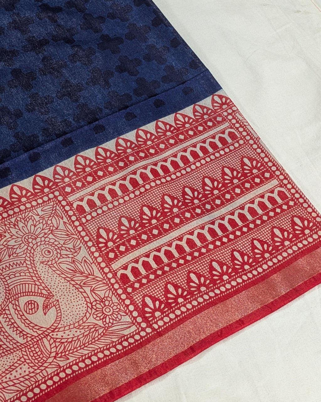 Bhagalpuri Sari with Block Print Border Blue