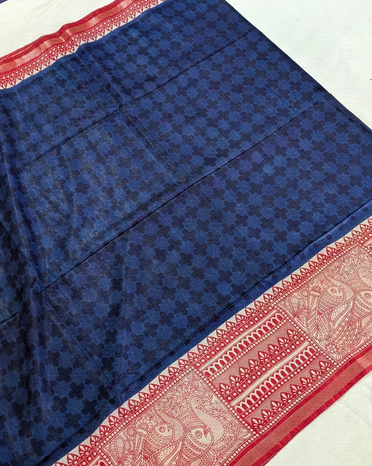 Bhagalpuri Sari with Block Print Border Blue