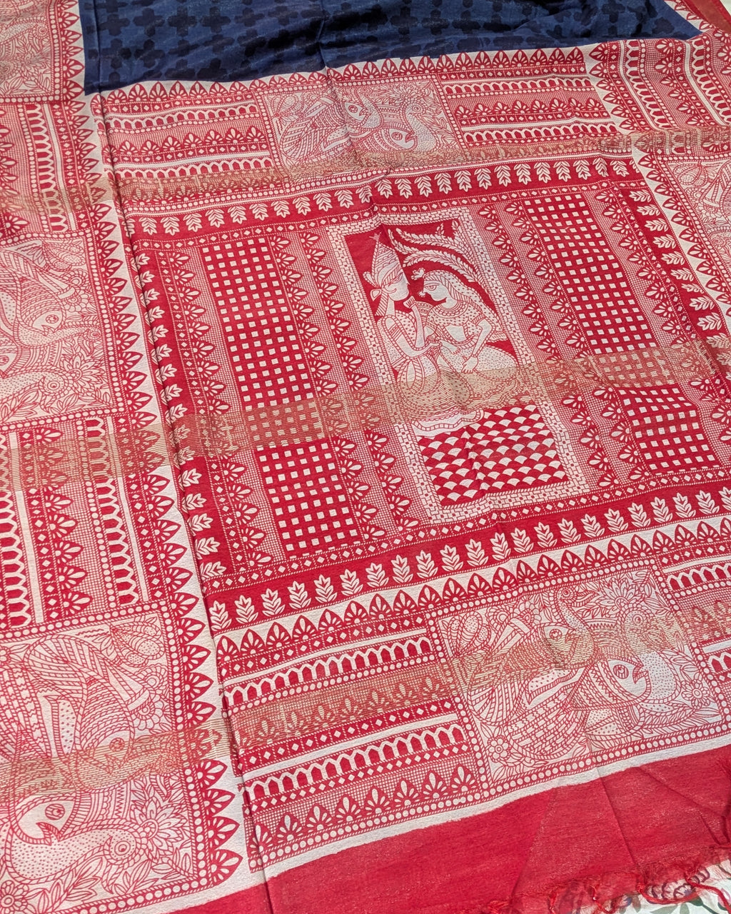 Bhagalpuri Sari with Block Print Border Blue