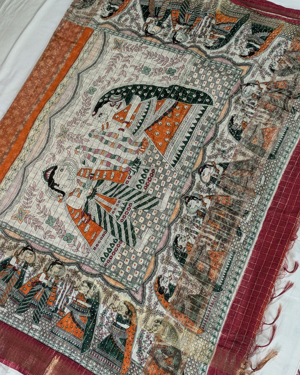 Bhagalpuri Sari with Block Print Border Orange