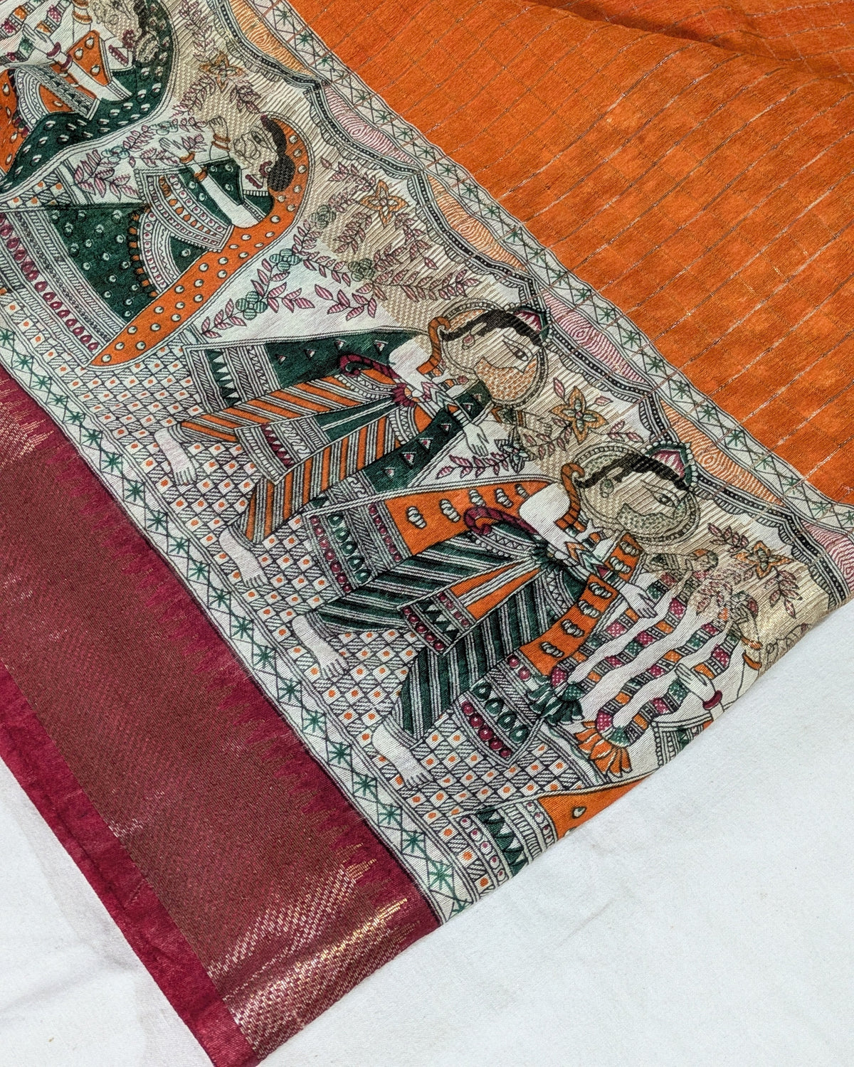 Bhagalpuri Sari with Block Print Border Orange