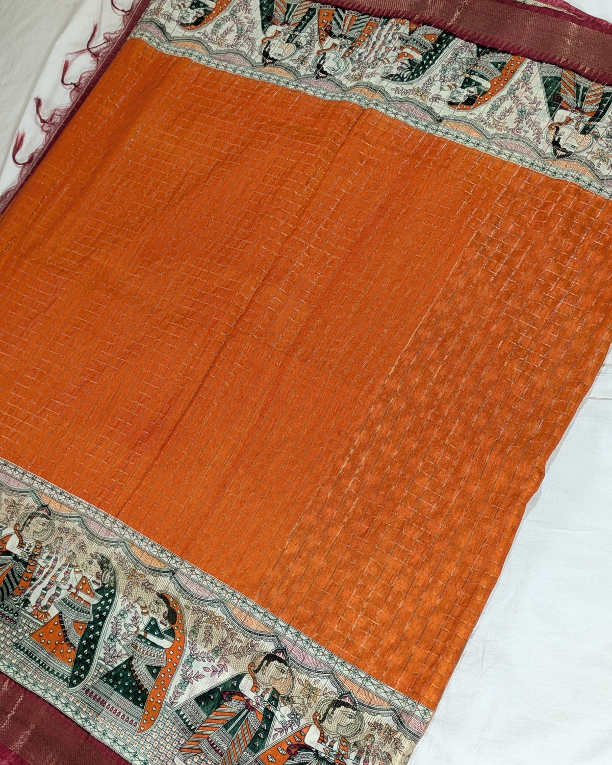 Bhagalpuri Sari with Block Print Border Orange