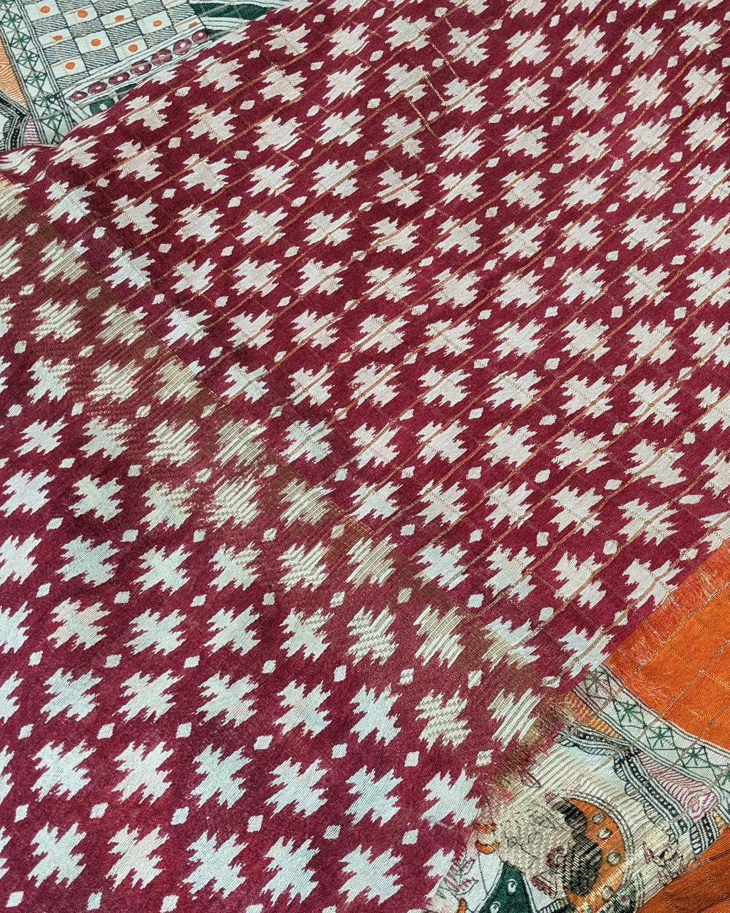 Bhagalpuri Sari with Block Print Border Orange