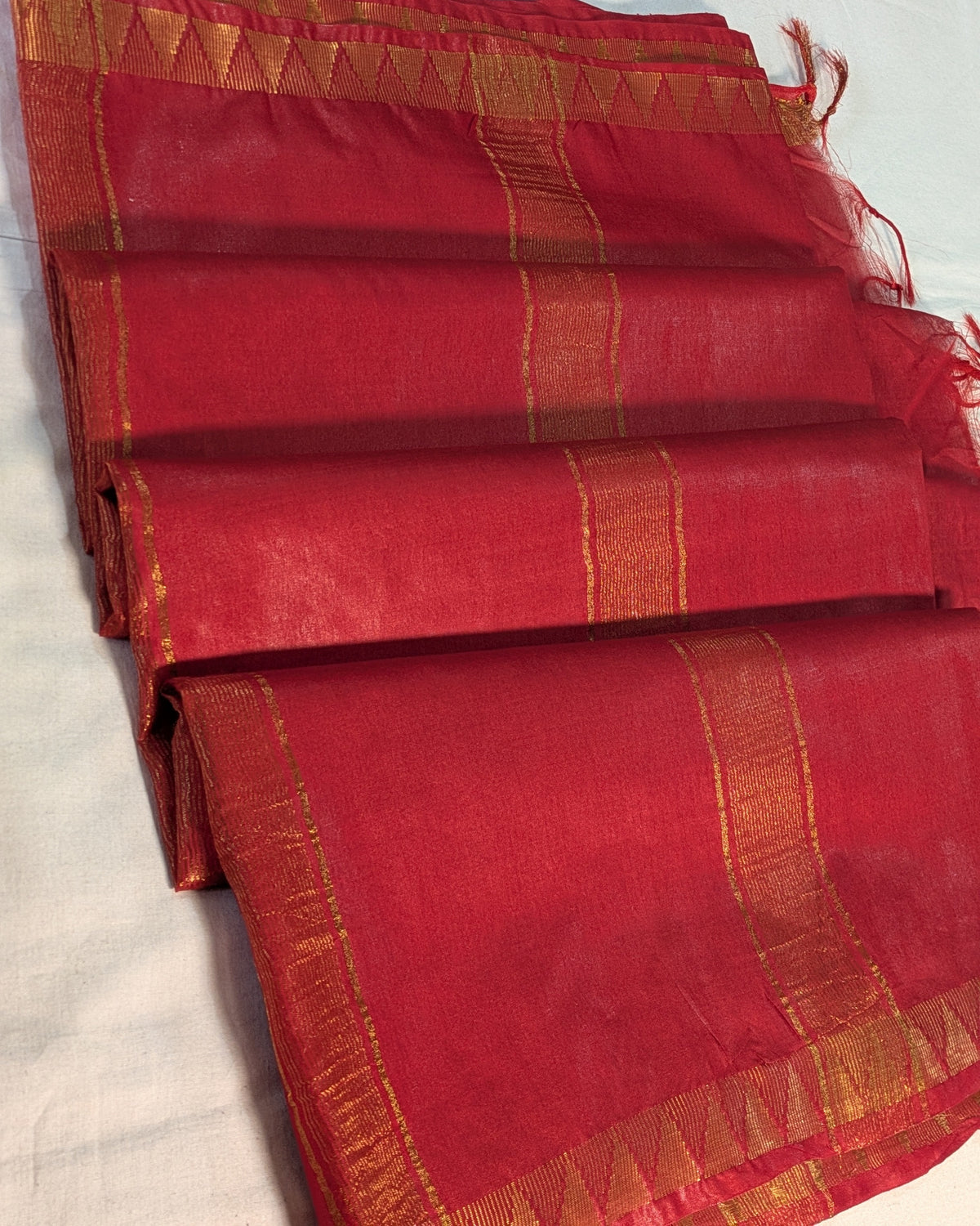 Bhagalpuri Sari with Golden Inch Border Red
