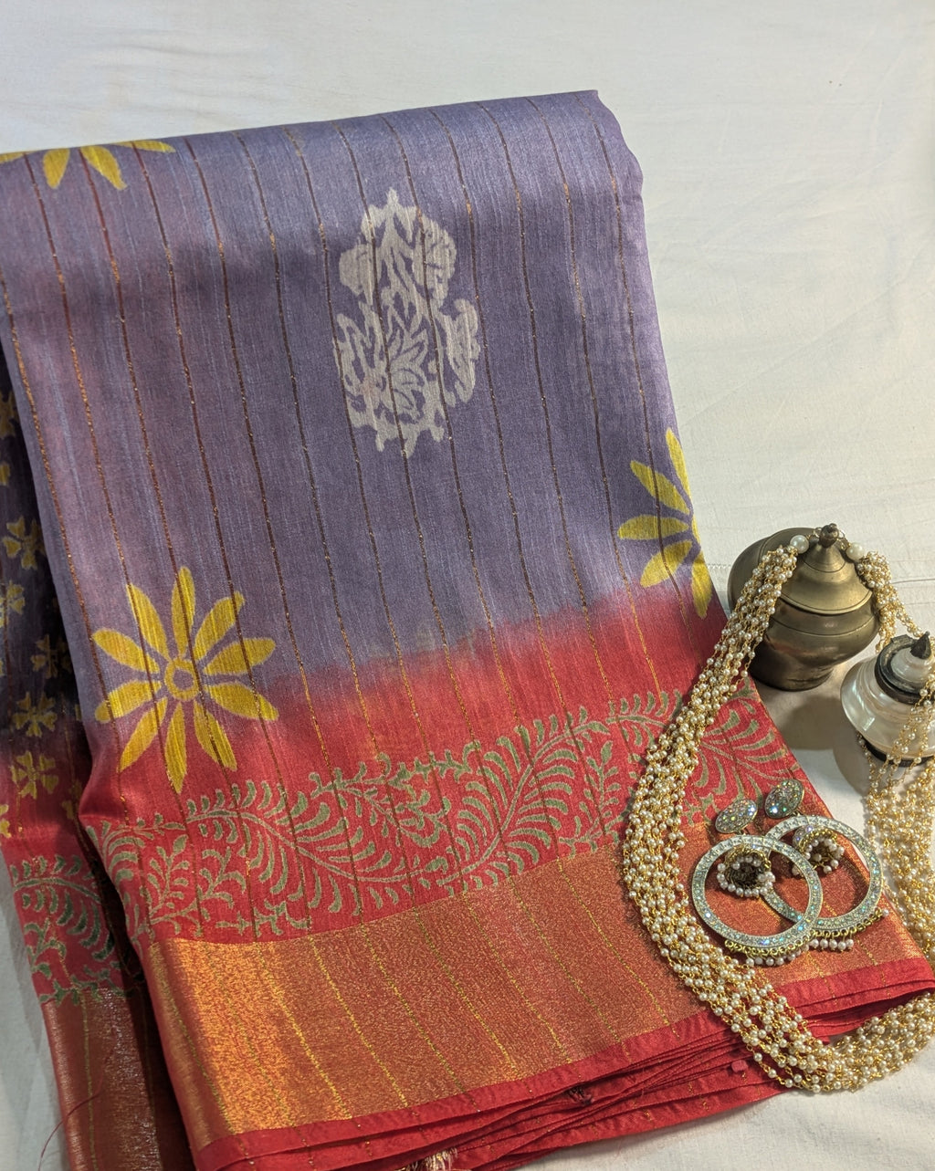Bhagalpuri Print & Handblock Sari Lavender-Grey