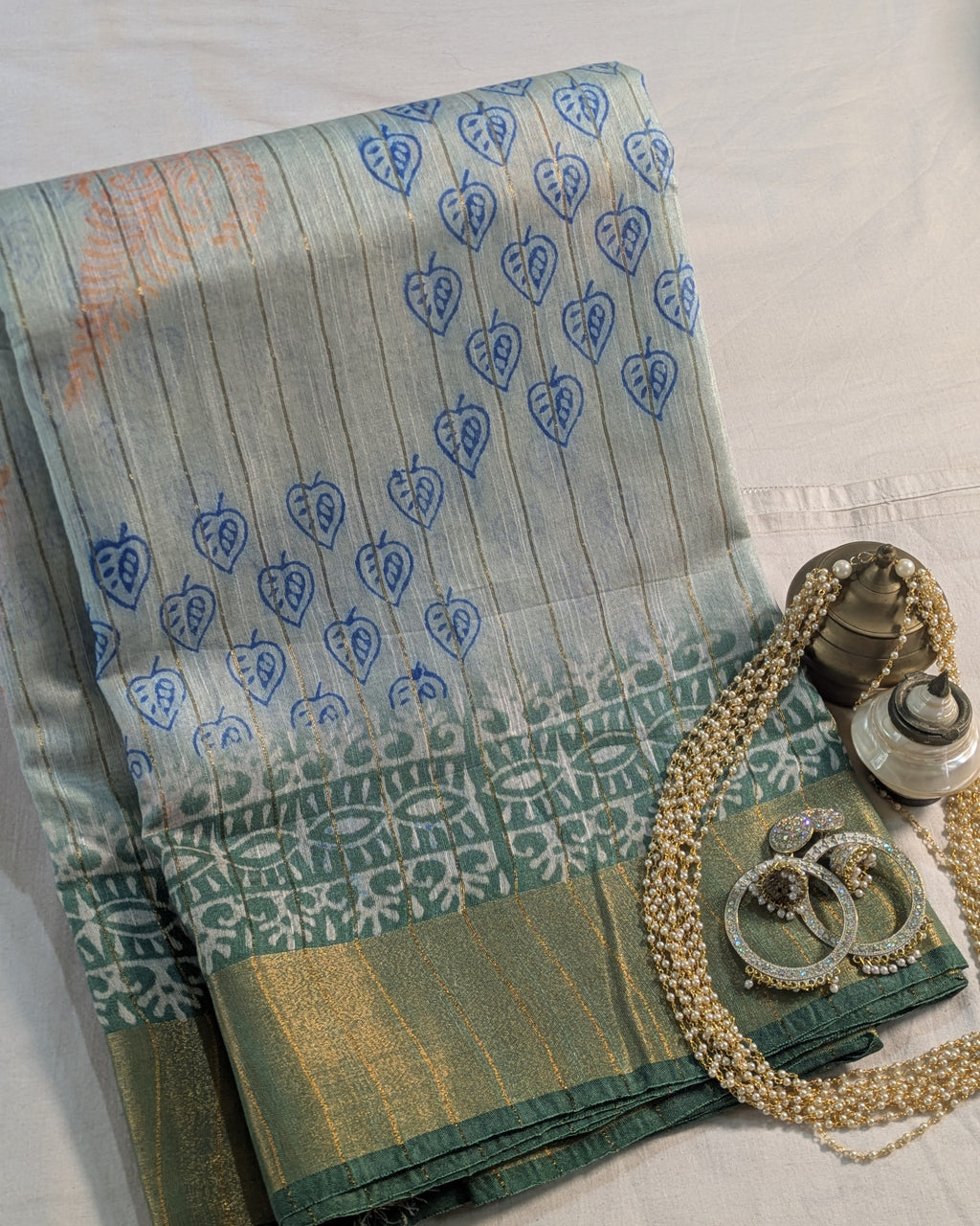Bhagalpuri Print & Handblock Sari Light Gray