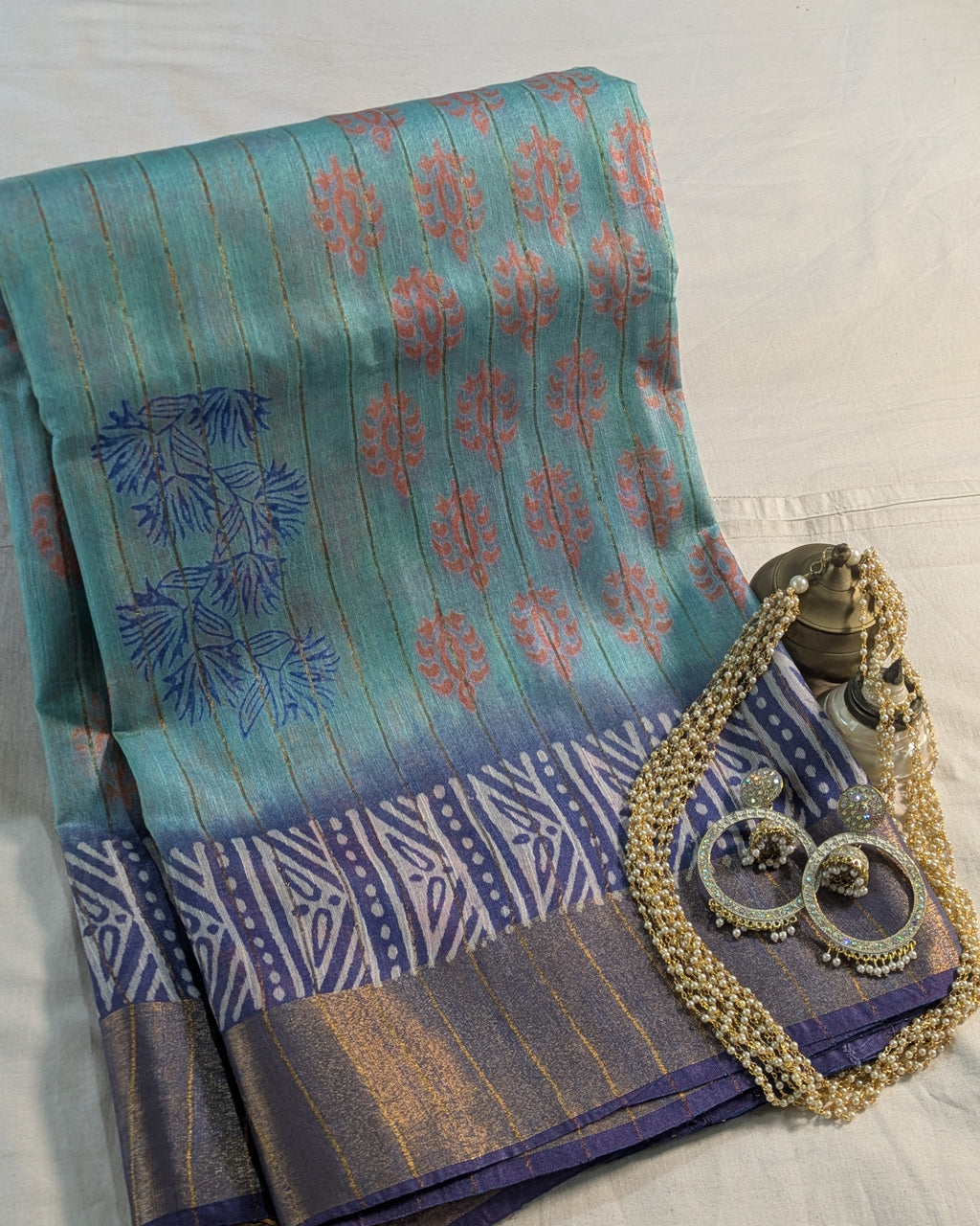 Bhagalpuri Print & Handblock Sari Light Sea-Green