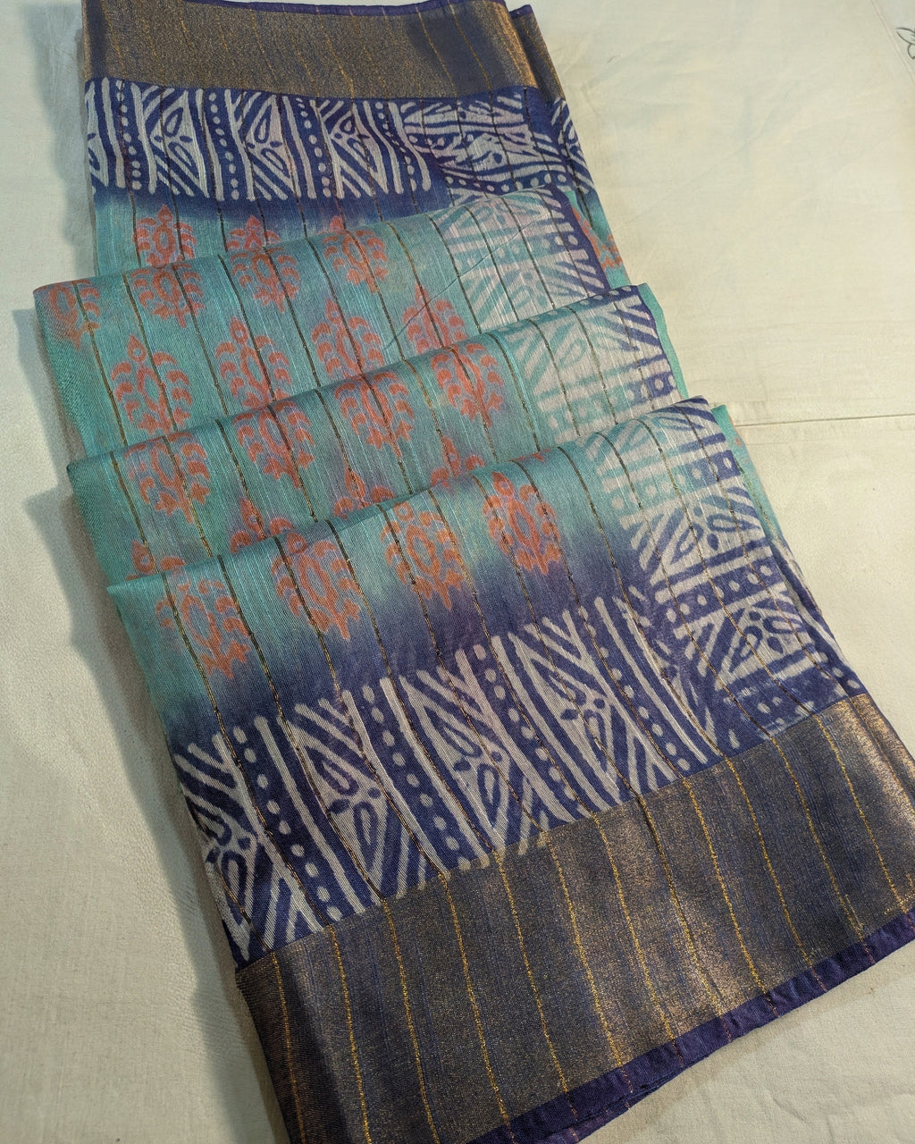Bhagalpuri Print & Handblock Sari Light Sea-Green