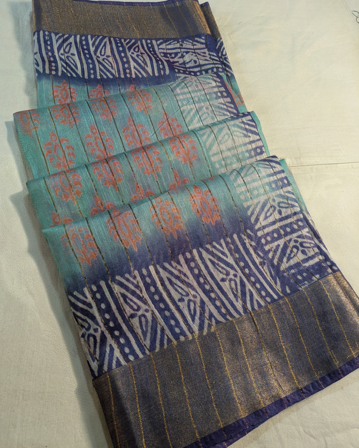 Bhagalpuri Print & Handblock Sari Light Sea-Green
