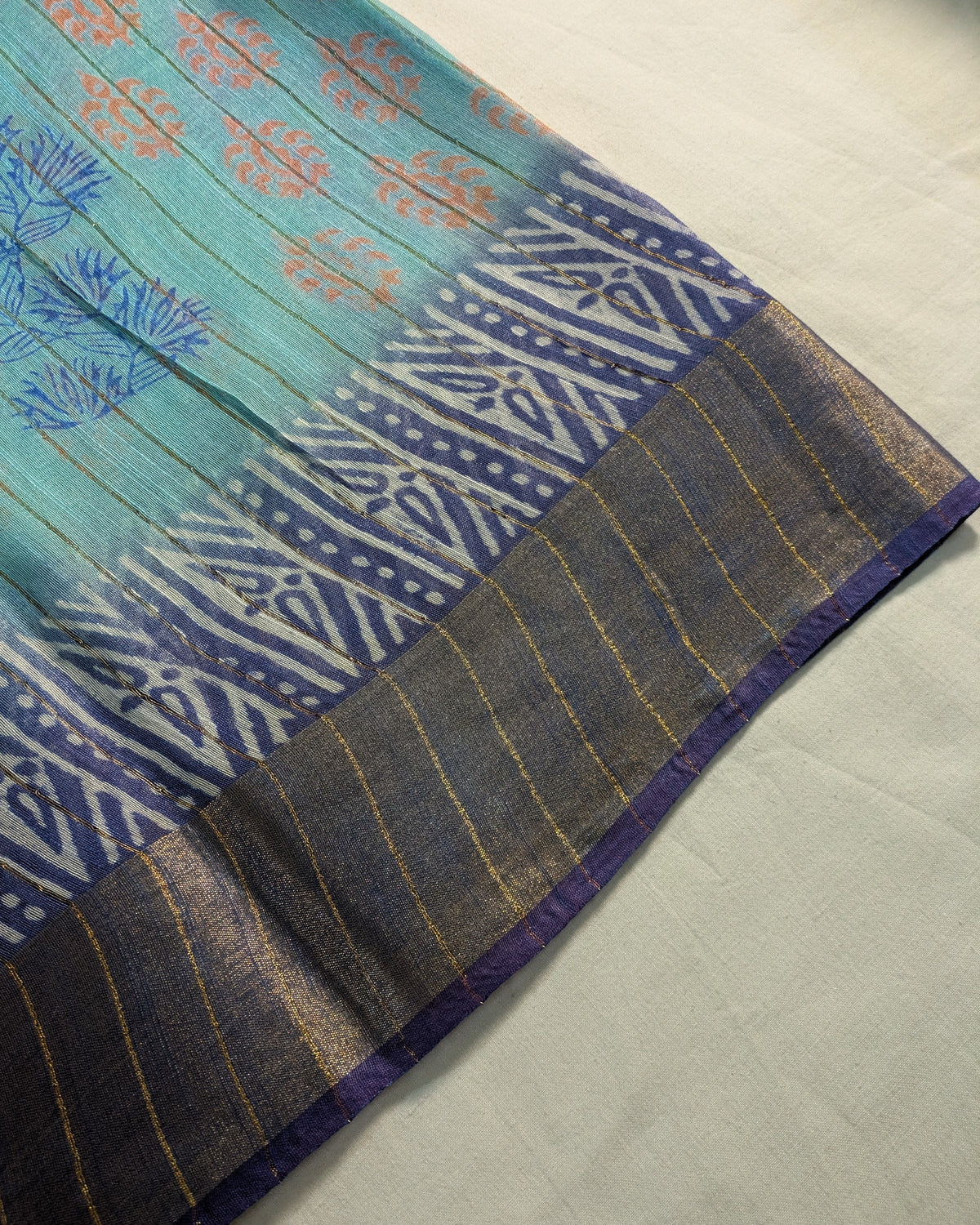 Bhagalpuri Print & Handblock Sari Light Sea-Green