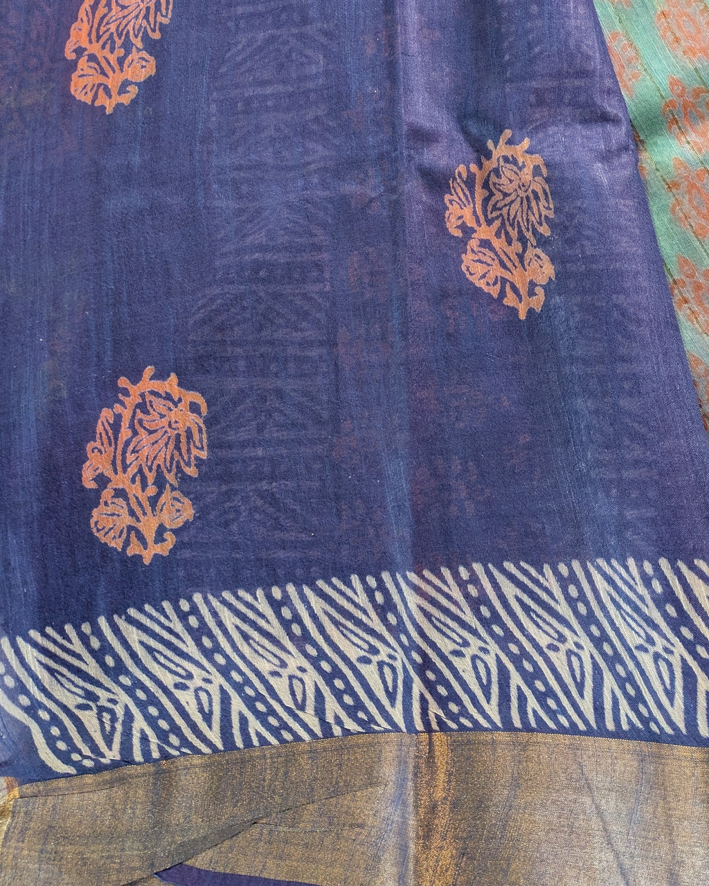 Bhagalpuri Print & Handblock Sari Light Sea-Green