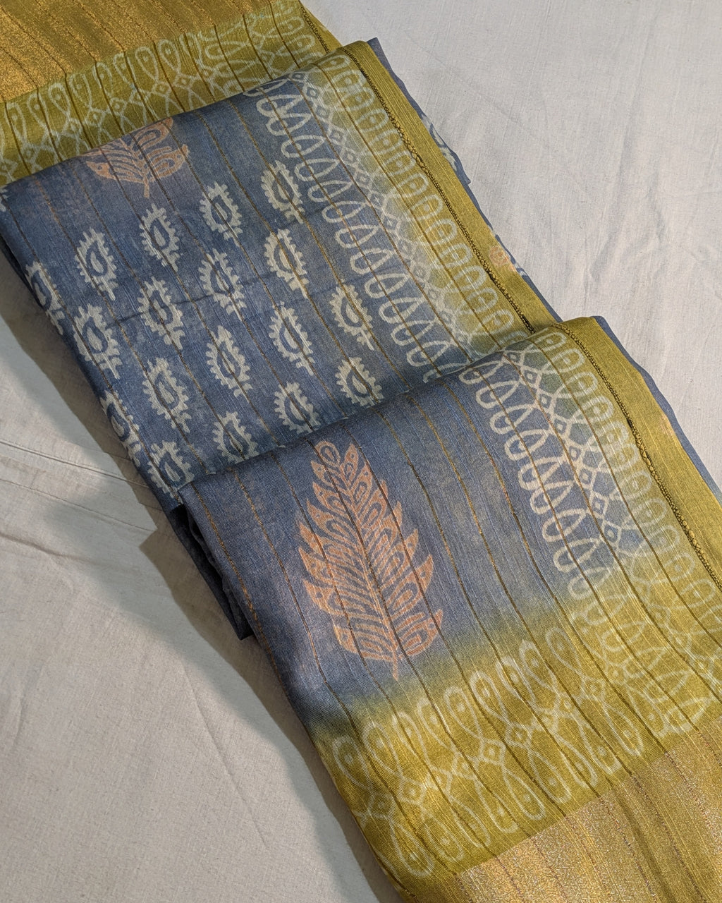 Bhagalpuri Print & Handblock Sari Slate