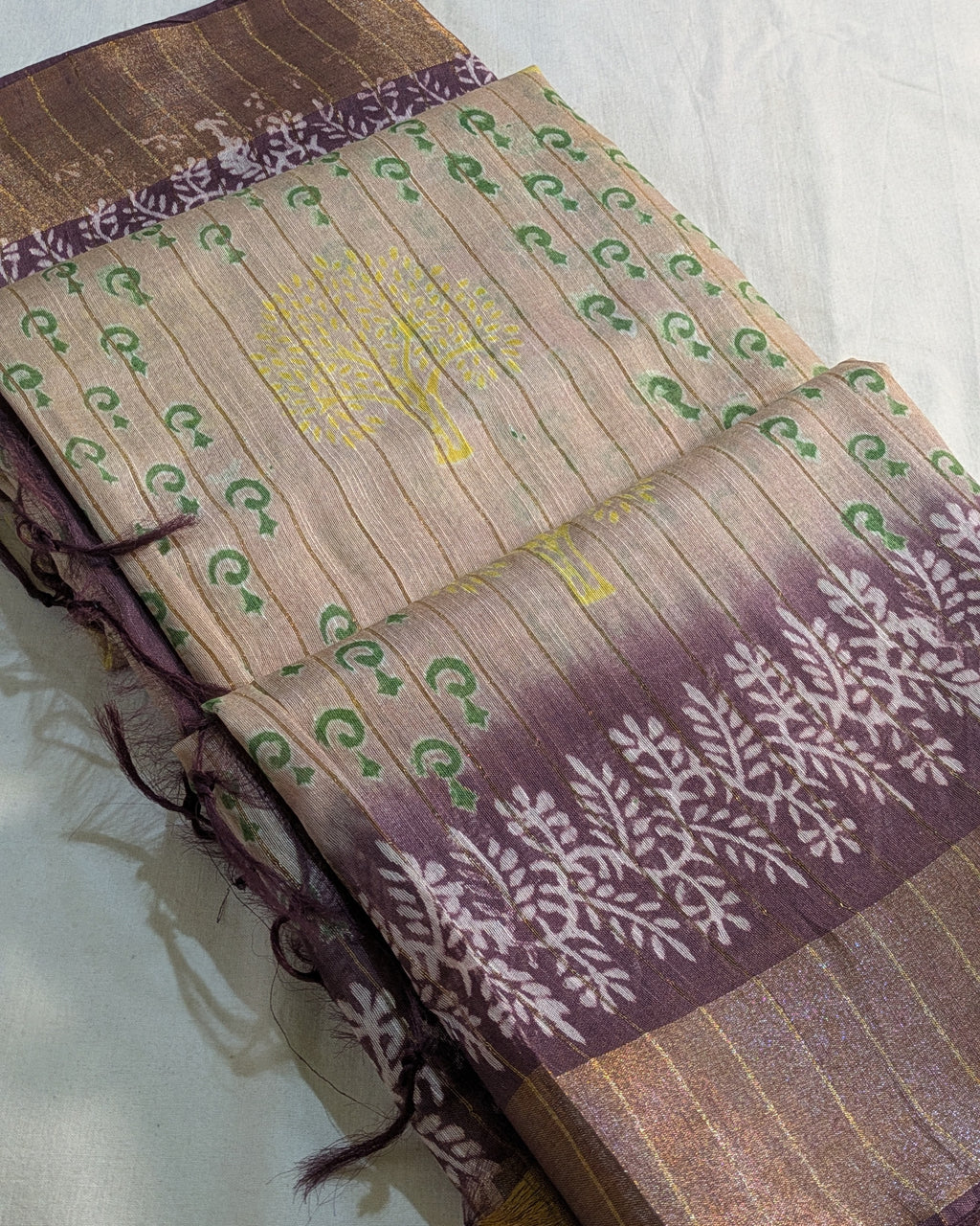 Bhagalpuri Print & Handblock Sari Beige-Gold