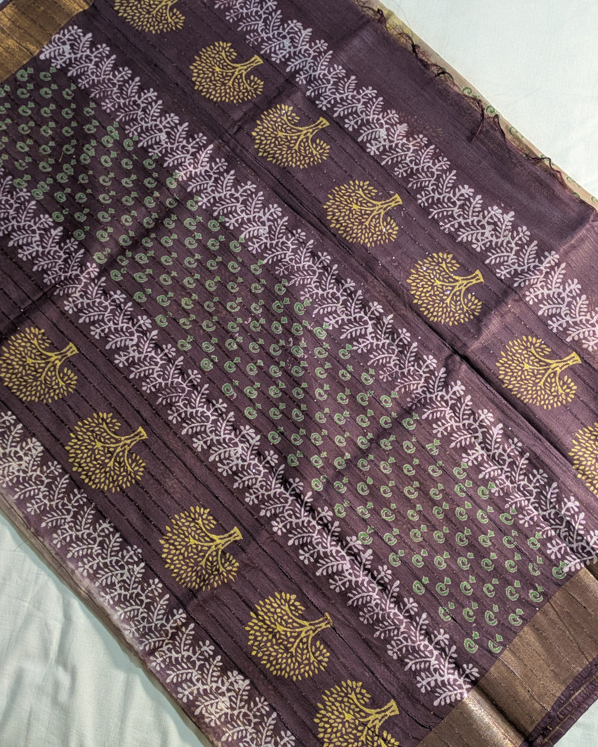 Bhagalpuri Print & Handblock Sari Beige-Gold
