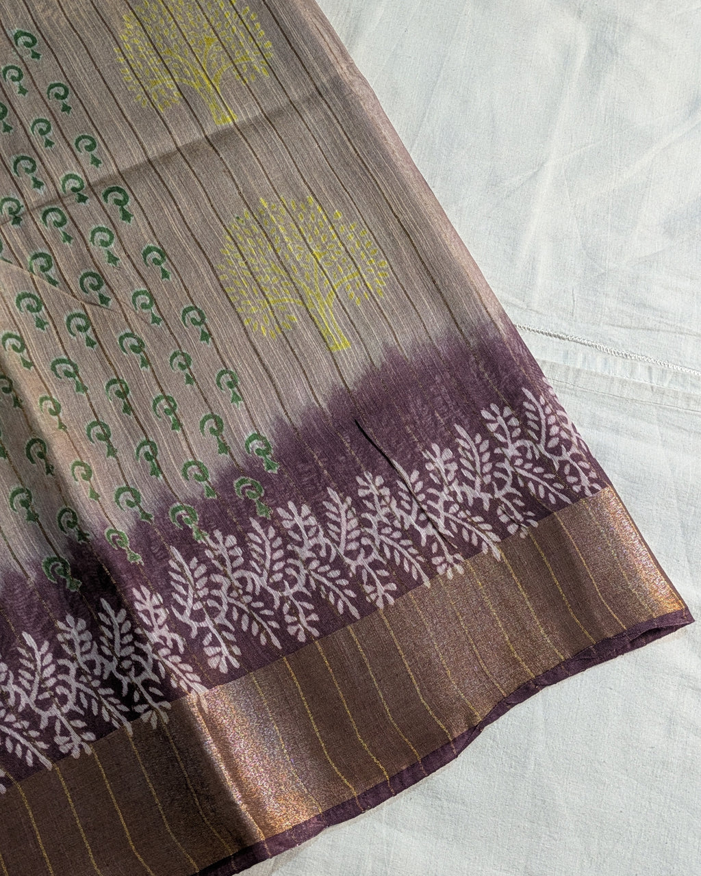 Bhagalpuri Print & Handblock Sari Beige-Gold