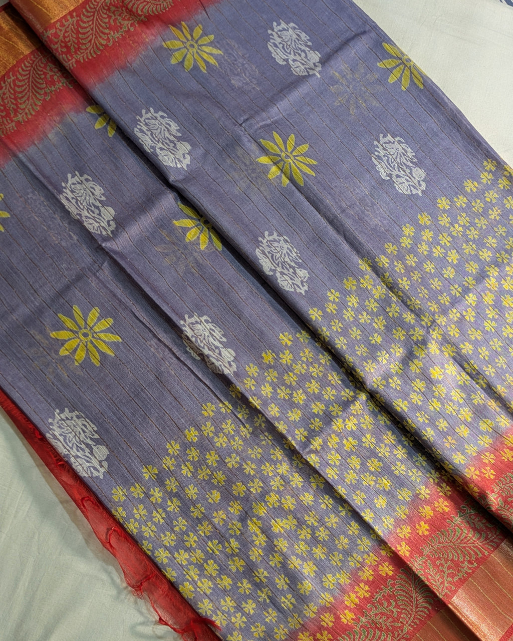 Bhagalpuri Print & Handblock Sari Lavender-Grey