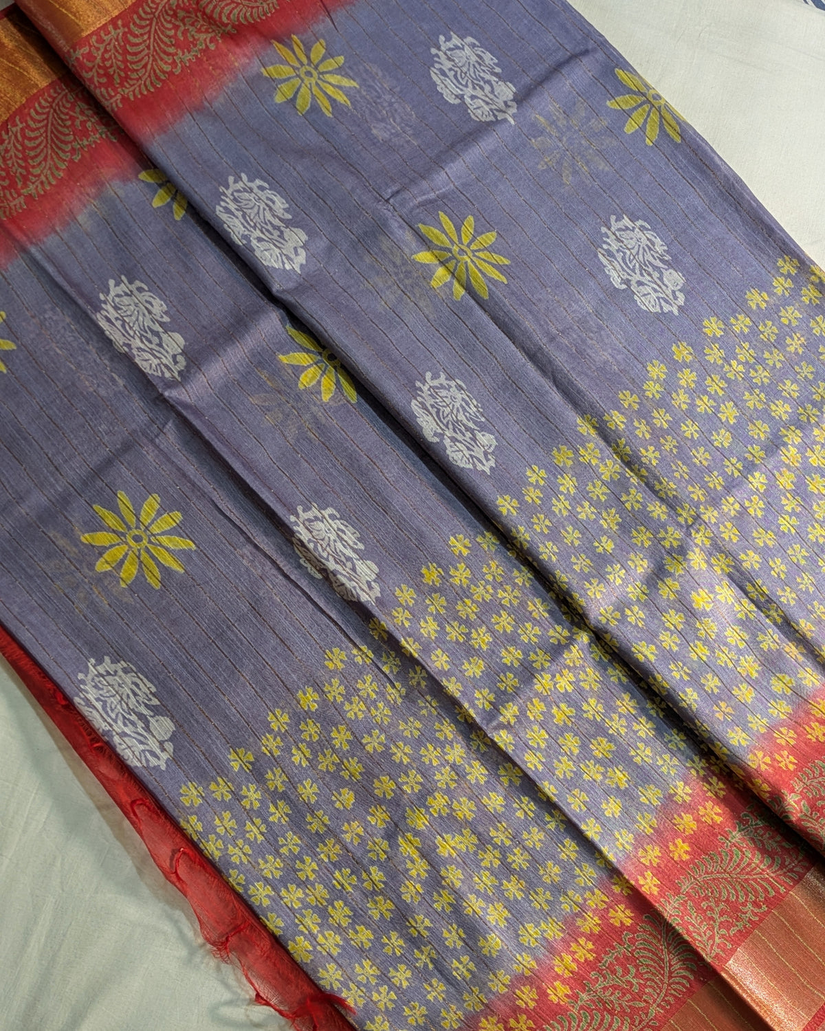 Bhagalpuri Print & Handblock Sari Lavender-Grey