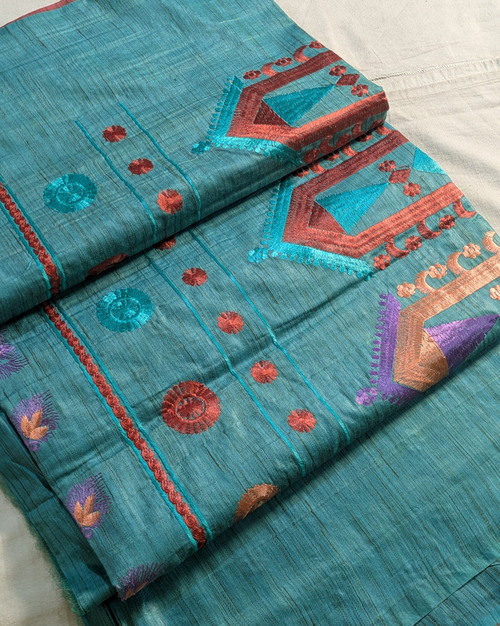 Bhagalpuri Katan Embroidered Sari Rust
