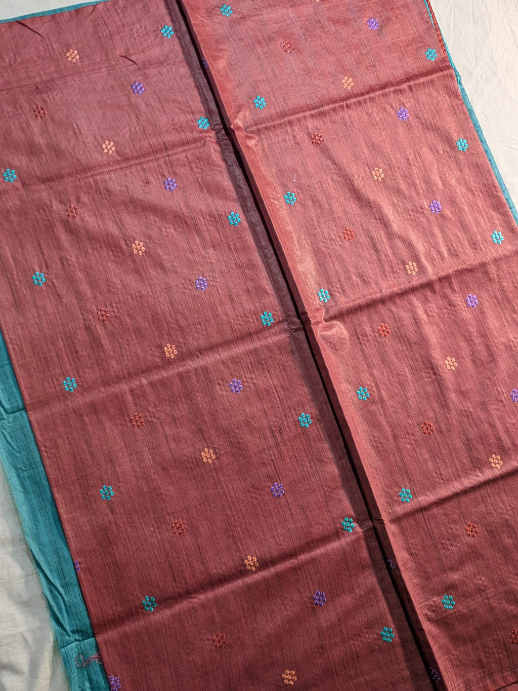 Bhagalpuri Katan Embroidered Sari Rust