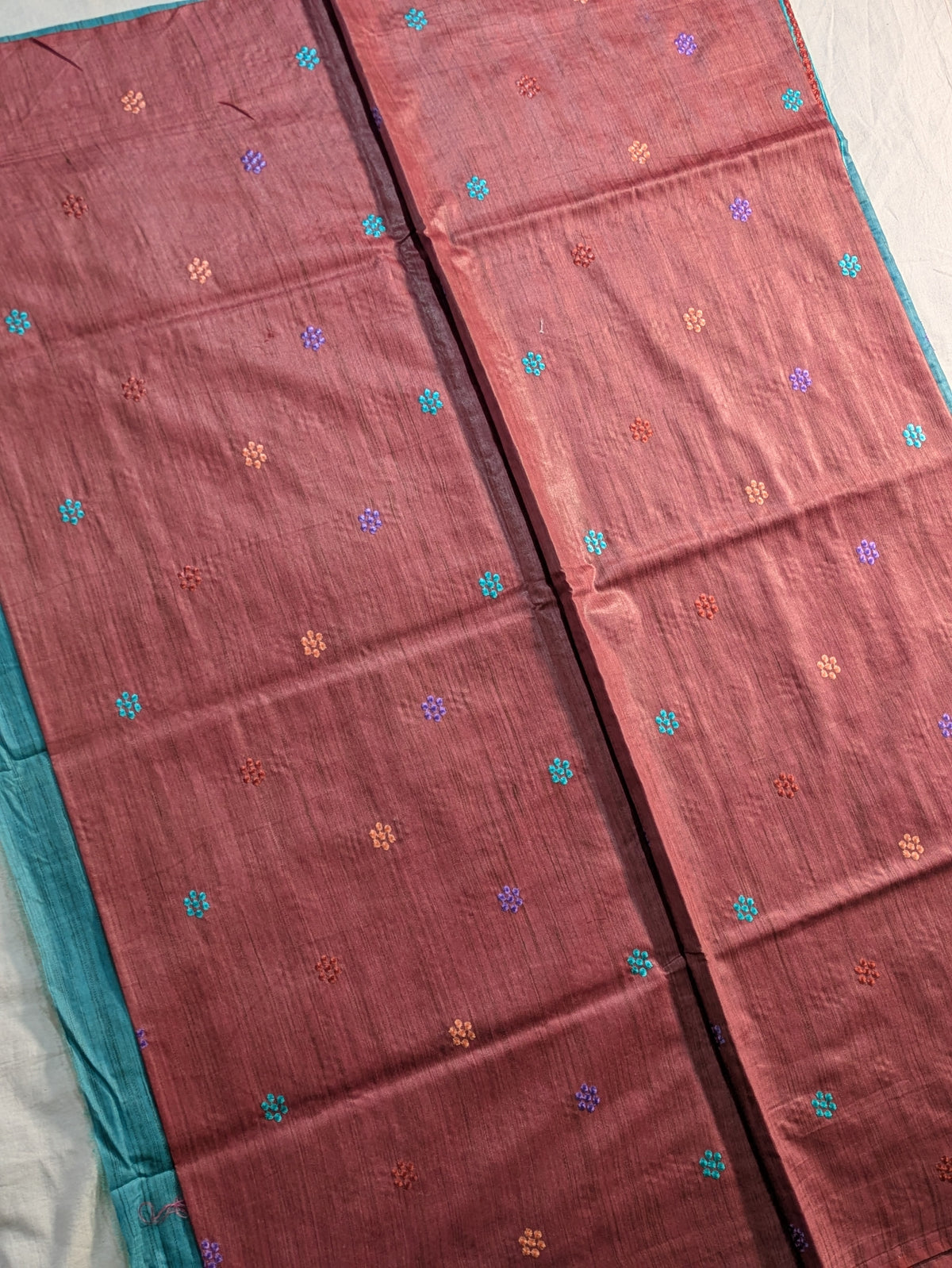 Bhagalpuri Katan Embroidered Sari Rust