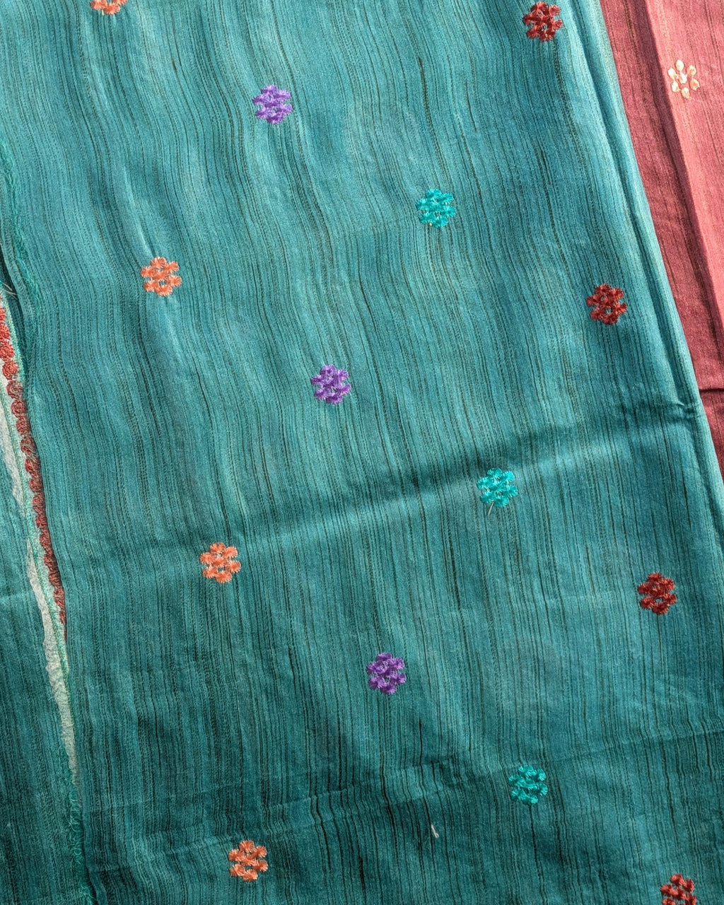Bhagalpuri Katan Embroidered Sari Rust