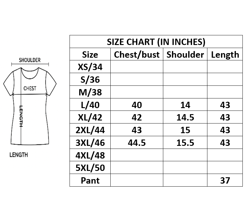 A size chart diagram for a short-sleeve top, showing a simple line drawing of the garment labeled with chest, shoulder, and length, alongside a table listing sizes XS/34 through 5XL/50 and pant measurements in inches.