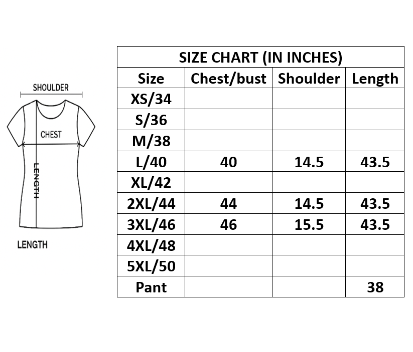 A size chart table for a short-sleeve dress, showing sizes XS/34 through Pant with columns for chest/bust, shoulder, and length in inches. A simple line drawing of a dress appears on the left side, labeled with shoulder, chest, and length.