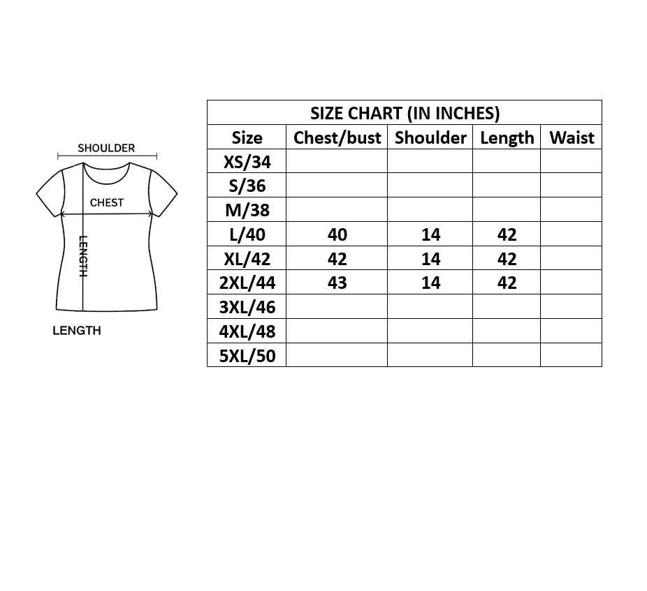 Size chart for a t-shirt with measurements in inches.
