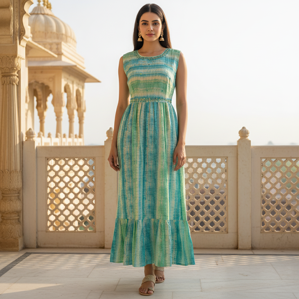 Woman wearing a green and blue striped dress standing on a balcony with architectural background