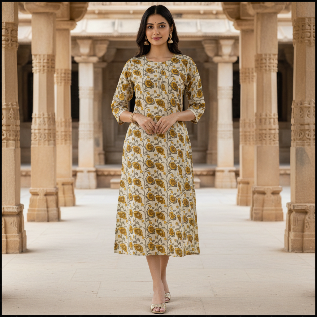 Woman in a floral dress standing in an architectural setting with columns.