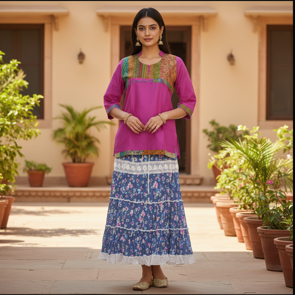 Woman in a pink top and blue floral skirt standing in front of a building with plants.