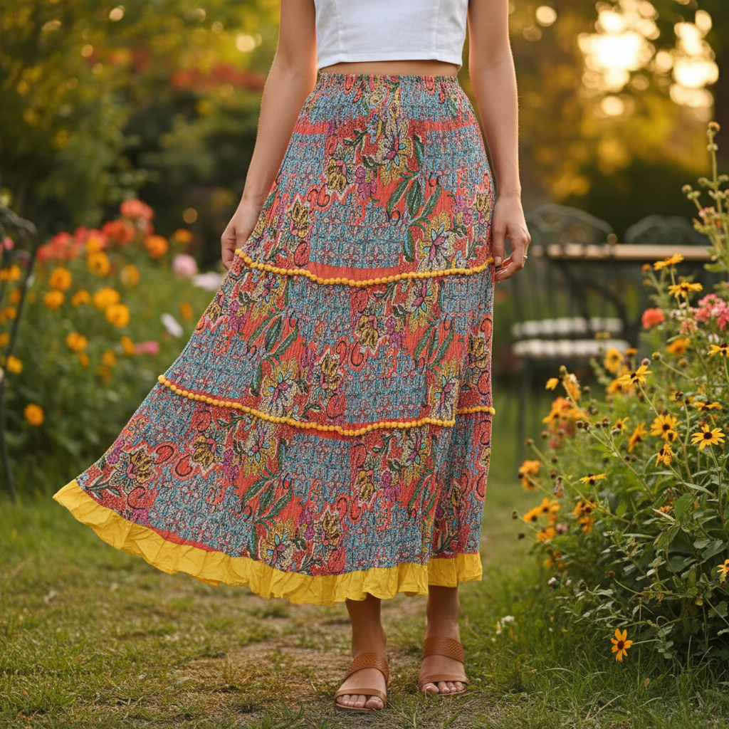 Person wearing a colorful patterned skirt in a garden setting