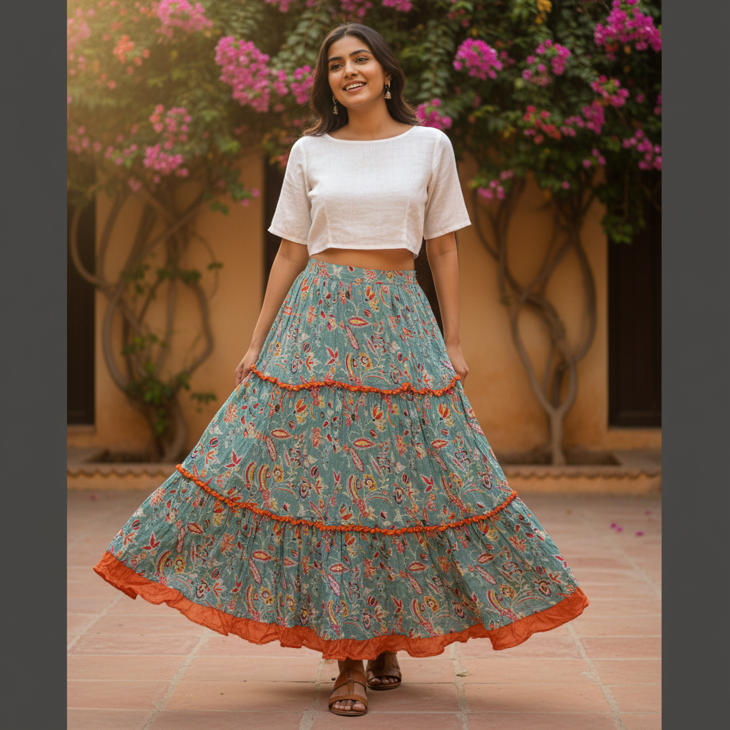 Woman wearing a floral skirt with a white top in an outdoor setting with pink flowers.